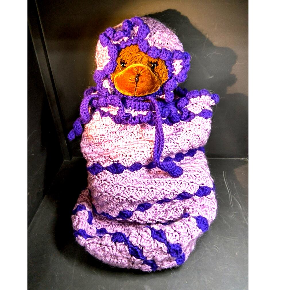 1634.  Crochet Baby Papoose and Cap Crochet Lavender and Purple